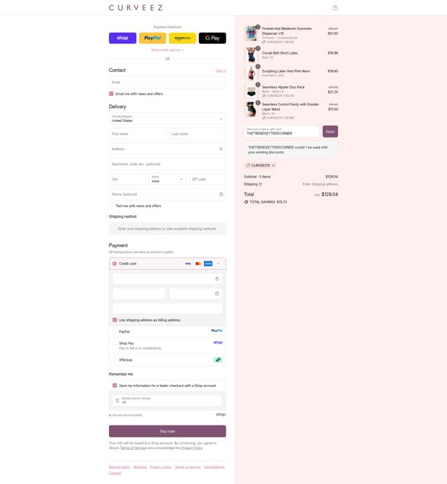 Curveez checkout page showing Curveez promo code box | Screenshot taken by SimplyCodes community member on Sep 9, 2025