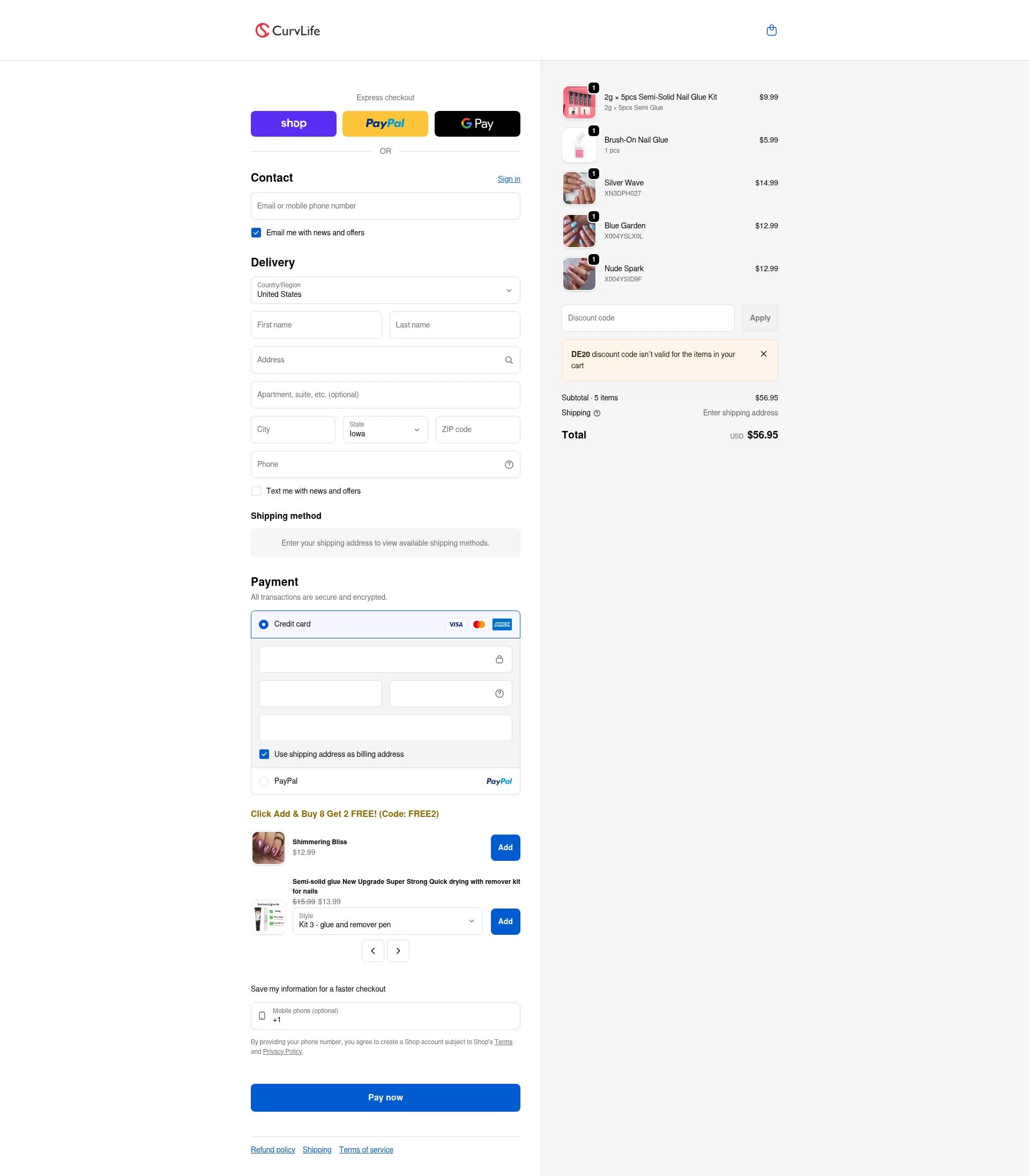 CurvLife checkout page showing CurvLife discount code box | Screenshot taken by SimplyCodes community member on Feb 18, 2026