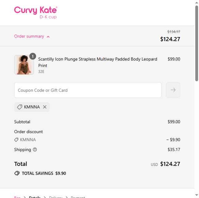Curvy Kate checkout page showing Curvy Kate coupon code box | Screenshot taken by SimplyCodes community member on Aug 26, 2025