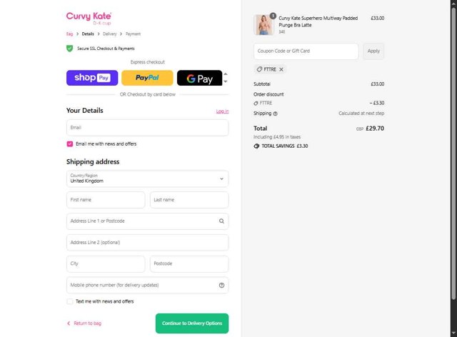 Curvy Kate checkout page showing Curvy Kate coupon code box | Screenshot taken by SimplyCodes community member on Aug 25, 2025