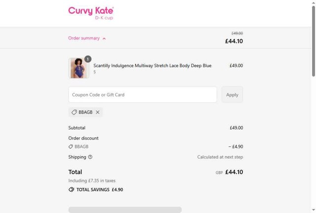 Curvy Kate checkout page showing Curvy Kate coupon code box | Screenshot taken by SimplyCodes community member on Aug 26, 2025
