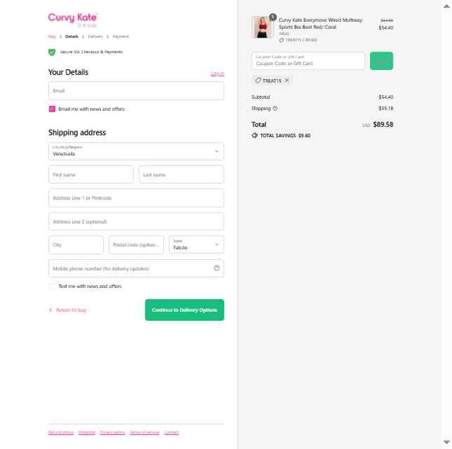 Curvy Kate checkout page showing Curvy Kate coupon code box | Screenshot taken by SimplyCodes community member on Aug 28, 2025