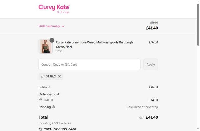 Curvy Kate checkout page showing Curvy Kate coupon code box | Screenshot taken by SimplyCodes community member on Aug 25, 2025