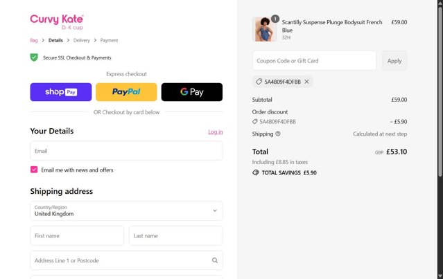 Curvy Kate checkout page showing Curvy Kate coupon code box | Screenshot taken by SimplyCodes community member on Aug 26, 2025