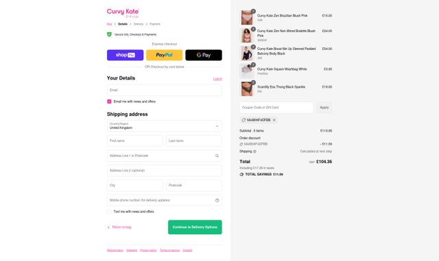 Curvy Kate checkout page showing Curvy Kate coupon code box | Screenshot taken by SimplyCodes community member on Aug 28, 2025