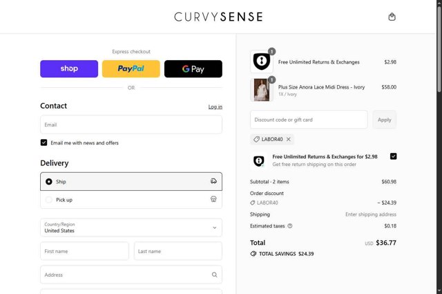 Curvy Sense checkout page showing Curvy Sense coupon code box | Screenshot taken by SimplyCodes community member on Aug 28, 2025
