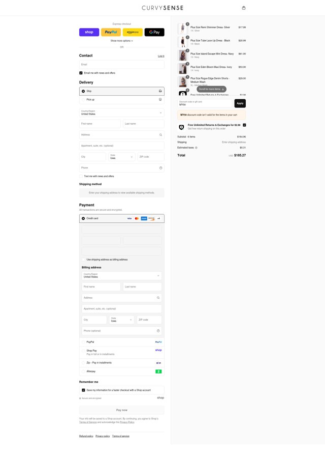 Curvy Sense checkout page showing Curvy Sense coupon code box | Screenshot taken by SimplyCodes community member on Aug 28, 2025