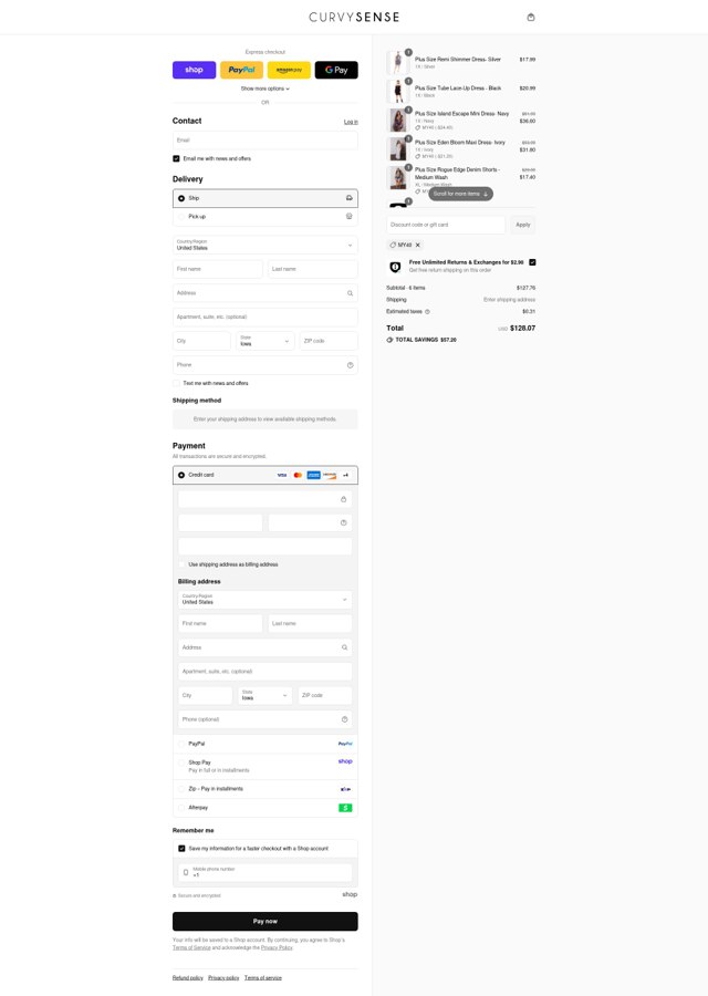 Curvy Sense checkout page showing Curvy Sense coupon code box | Screenshot taken by SimplyCodes community member on Aug 28, 2025