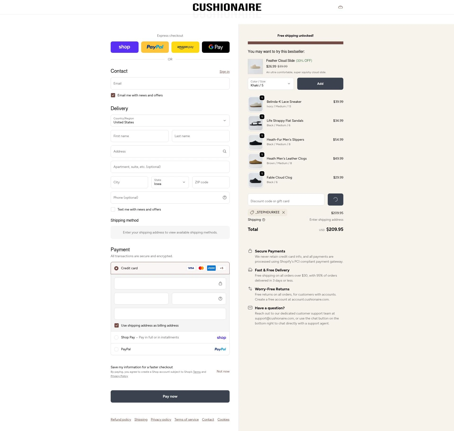 Cushionaire checkout page showing Cushionaire promo code box | Screenshot taken by SimplyCodes community member on Feb 18, 2026