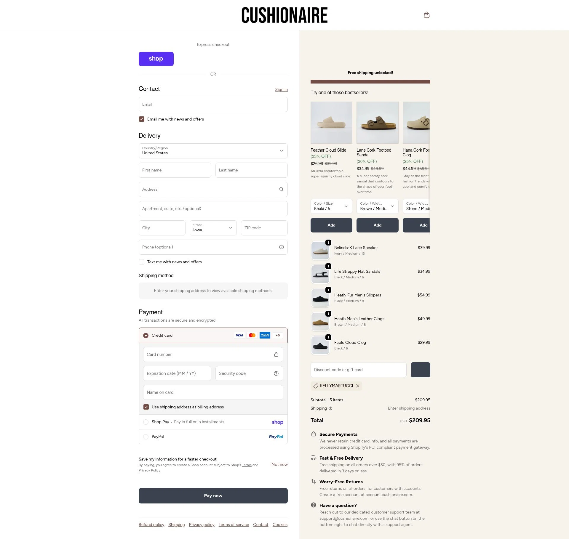 Cushionaire checkout page showing Cushionaire promo code box | Screenshot taken by SimplyCodes community member on Feb 18, 2026