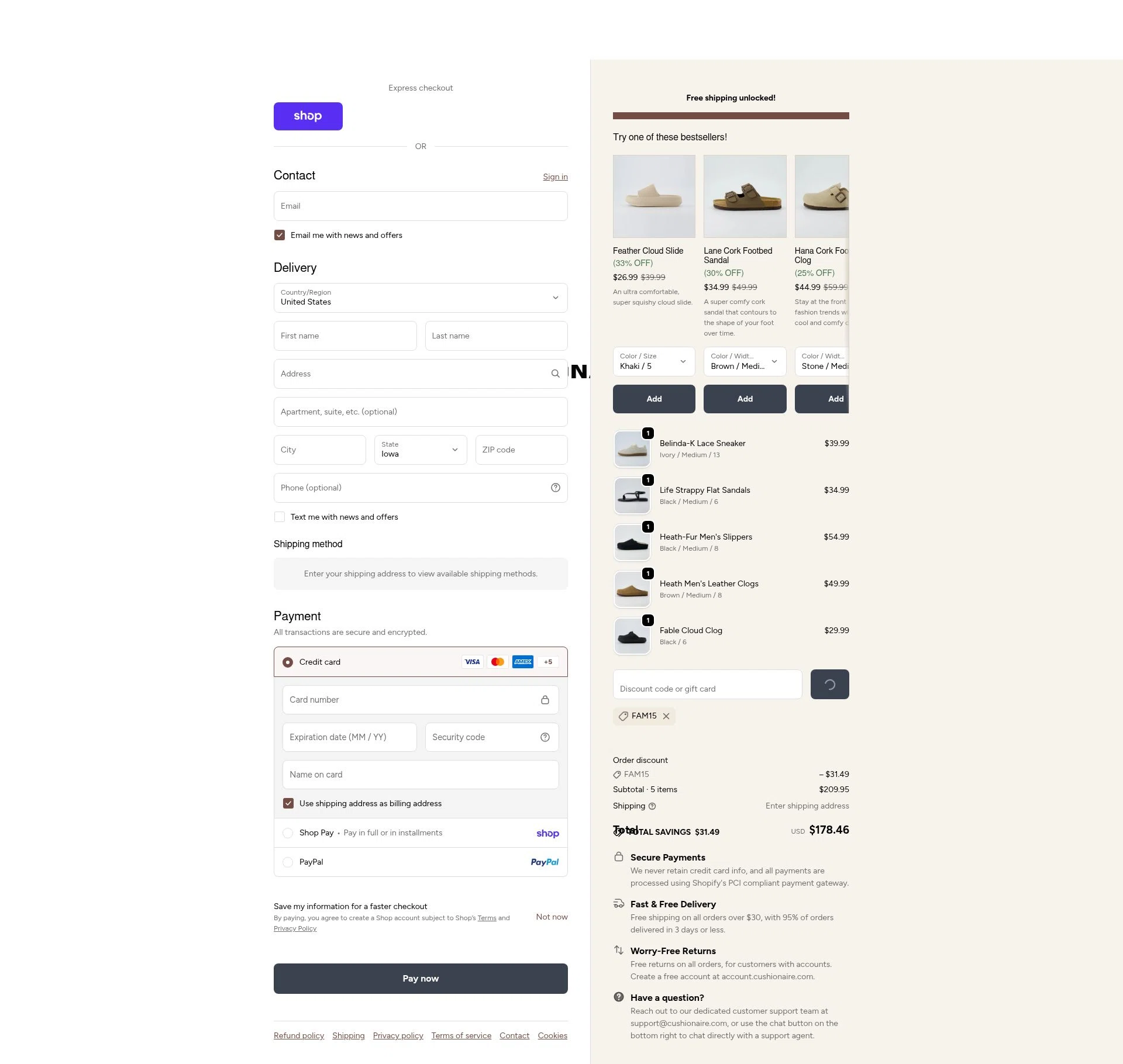Cushionaire checkout page showing Cushionaire promo code box | Screenshot taken by SimplyCodes community member on Feb 18, 2026