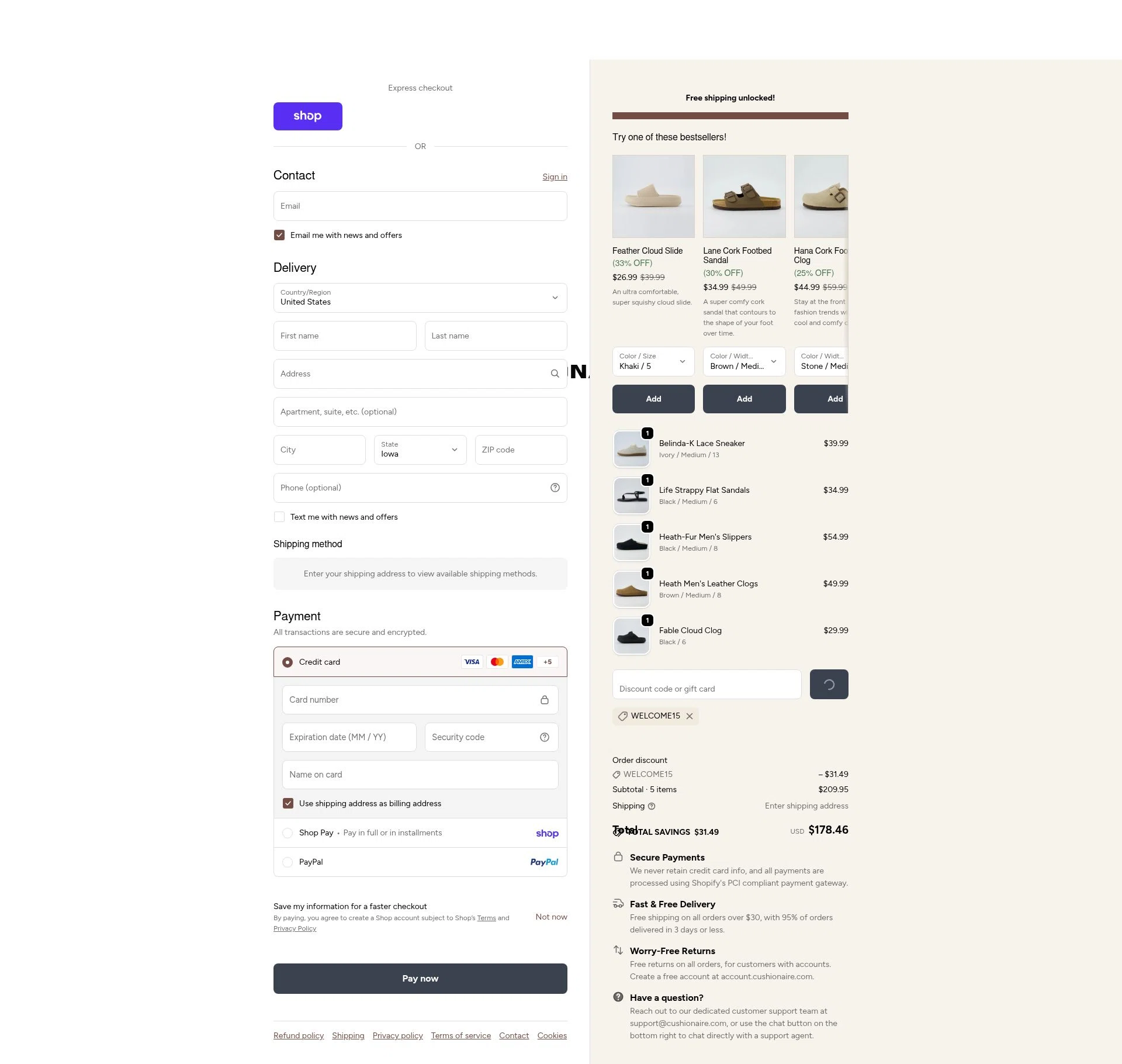 Cushionaire checkout page showing Cushionaire promo code box | Screenshot taken by SimplyCodes community member on Feb 18, 2026