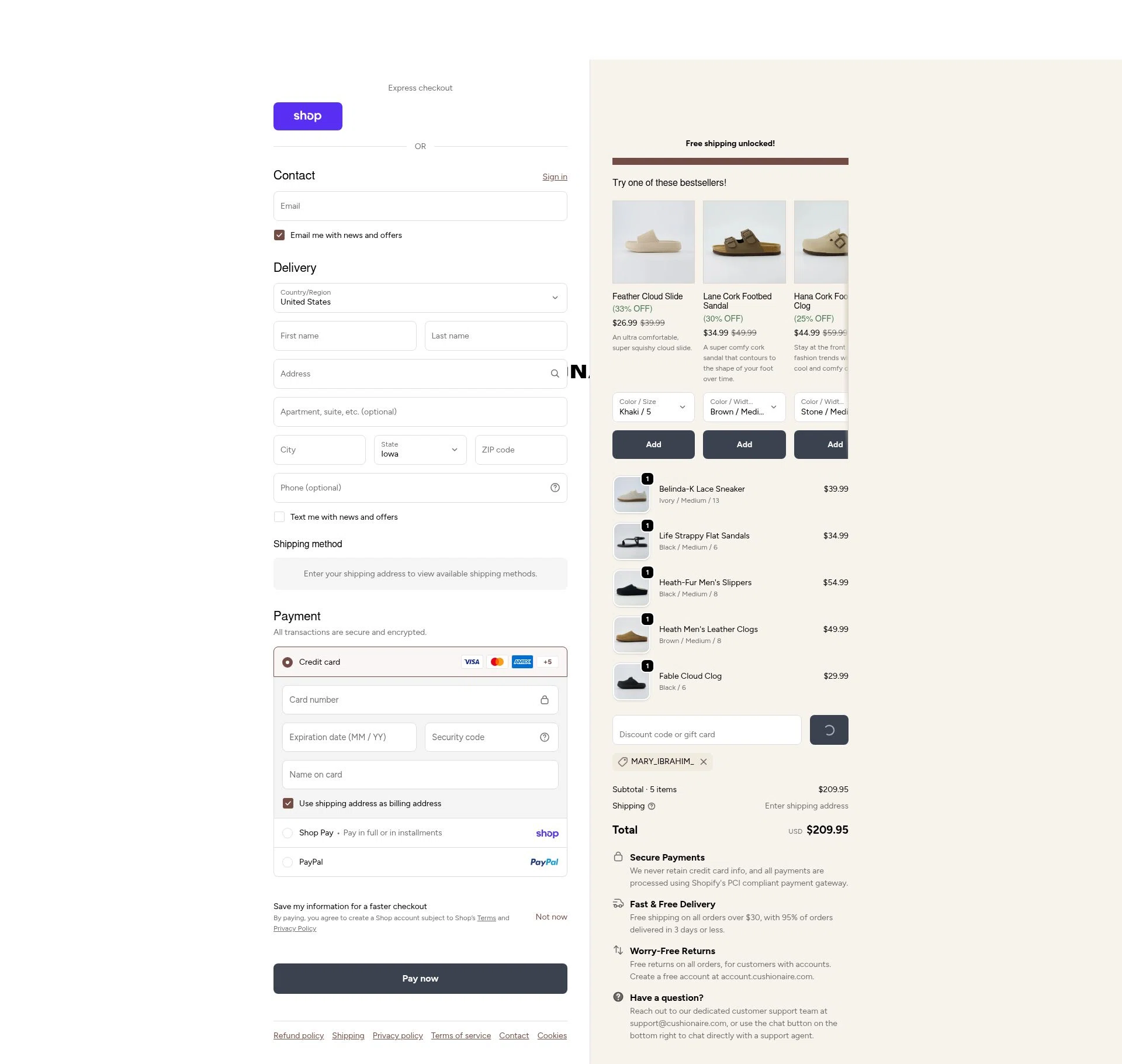 Cushionaire checkout page showing Cushionaire promo code box | Screenshot taken by SimplyCodes community member on Feb 18, 2026