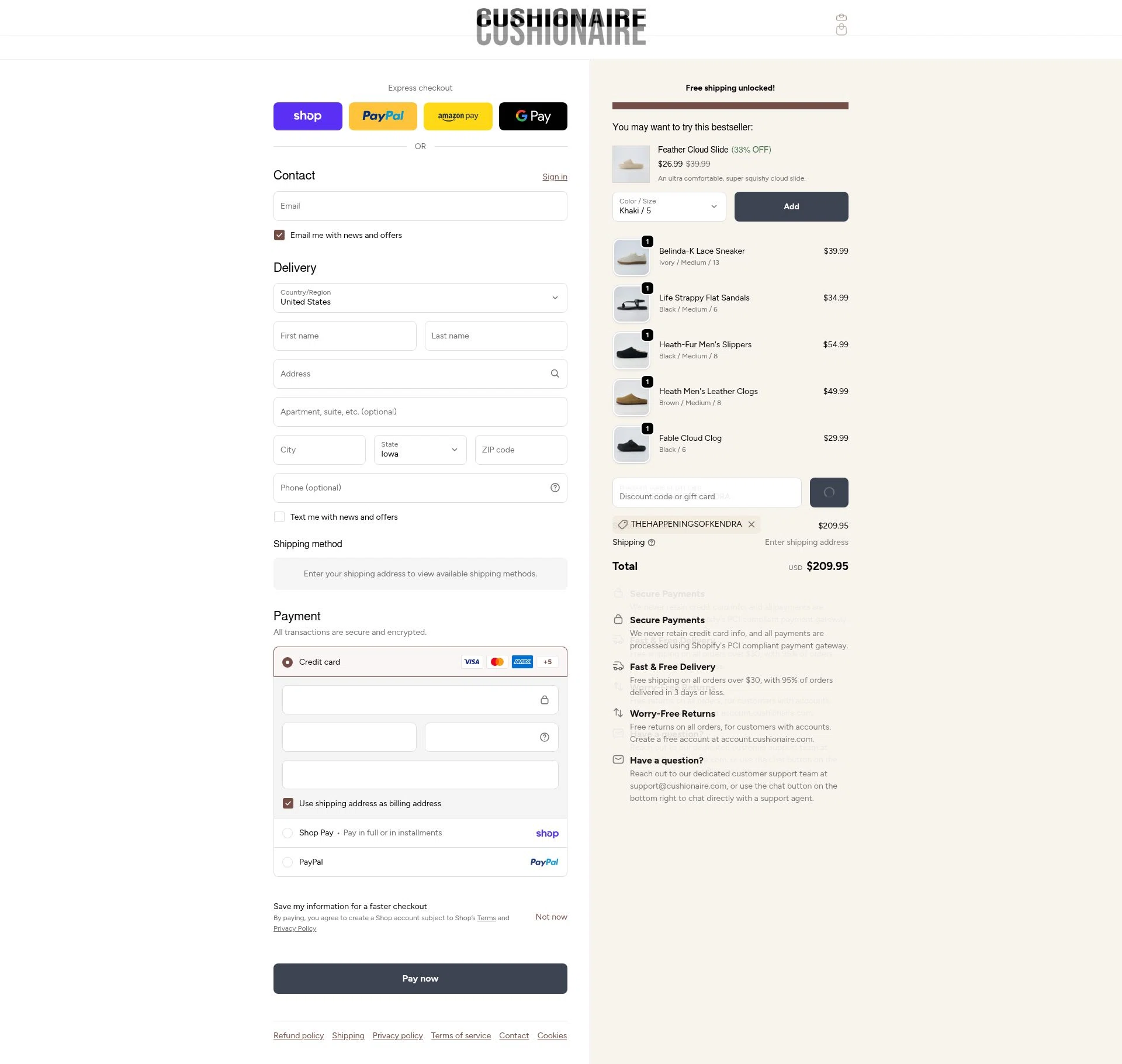 Cushionaire checkout page showing Cushionaire promo code box | Screenshot taken by SimplyCodes community member on Feb 18, 2026