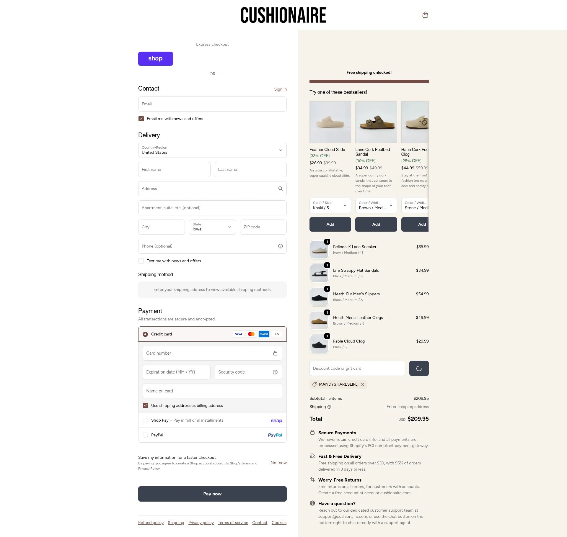 Cushionaire checkout page showing Cushionaire promo code box | Screenshot taken by SimplyCodes community member on Feb 18, 2026