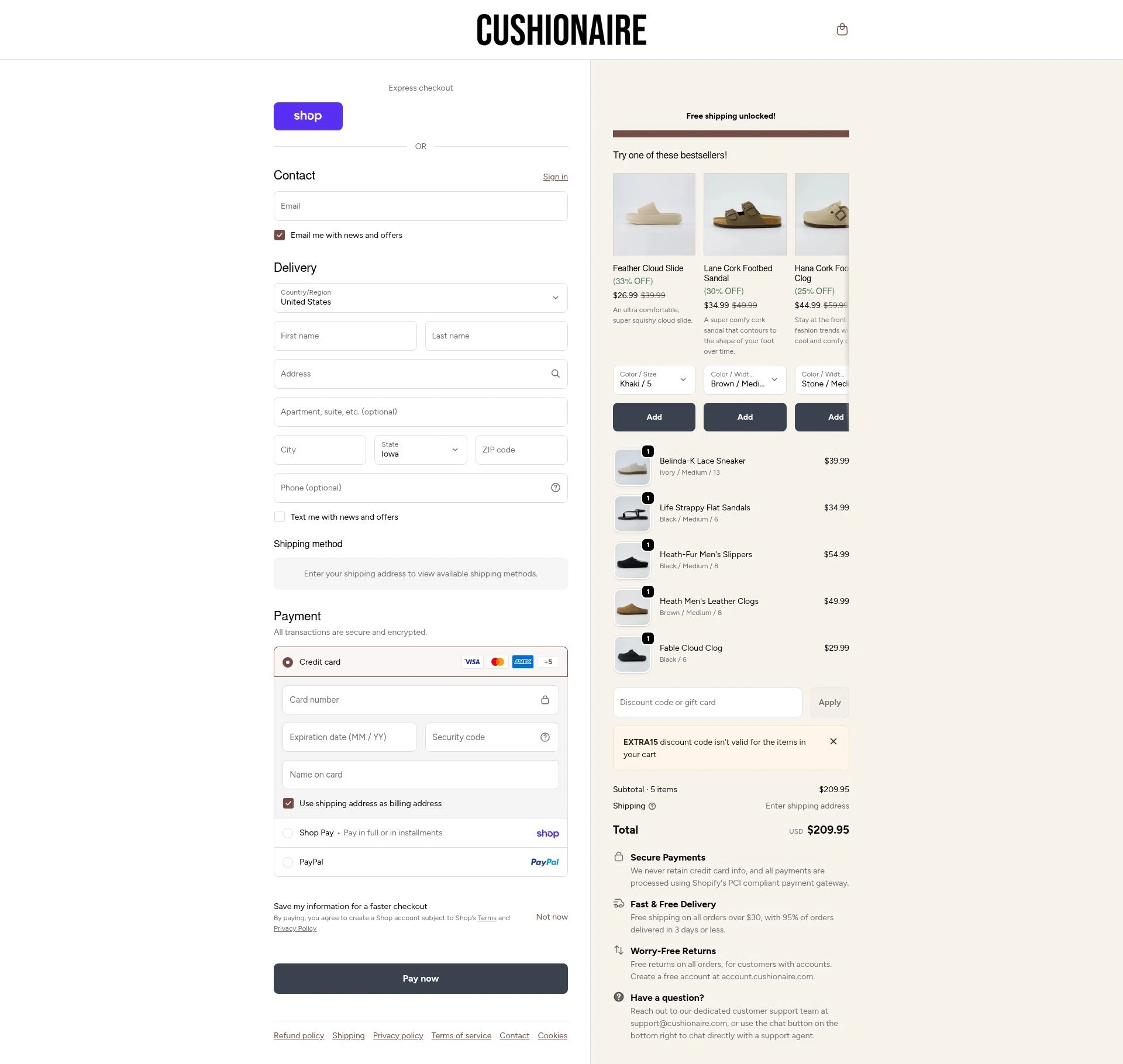 Cushionaire checkout page showing Cushionaire promo code box | Screenshot taken by SimplyCodes community member on Feb 18, 2026