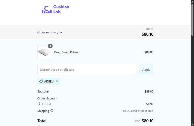 Cushion Lab checkout page showing Cushion Lab discount code box | Screenshot taken by SimplyCodes community member on Sep 3, 2025