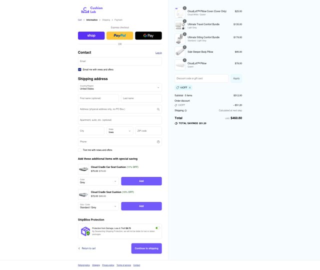 Cushion Lab checkout page showing Cushion Lab discount code box | Screenshot taken by SimplyCodes community member on Sep 3, 2025
