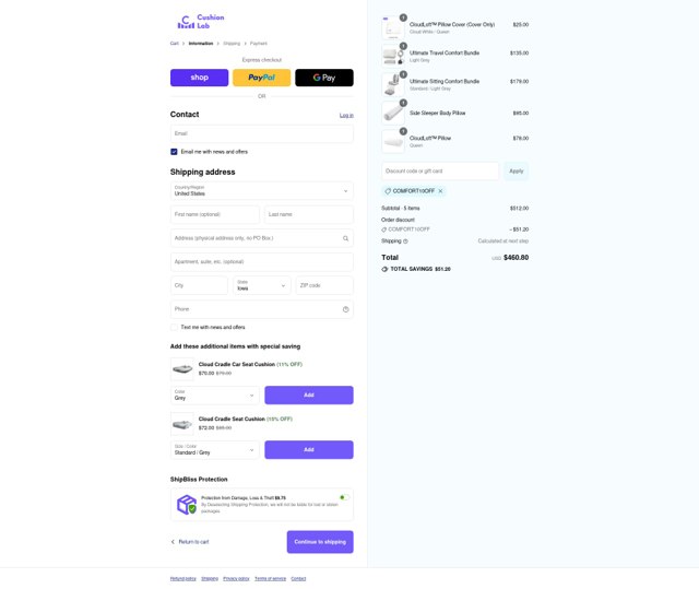 Cushion Lab checkout page showing Cushion Lab discount code box | Screenshot taken by SimplyCodes community member on Sep 3, 2025