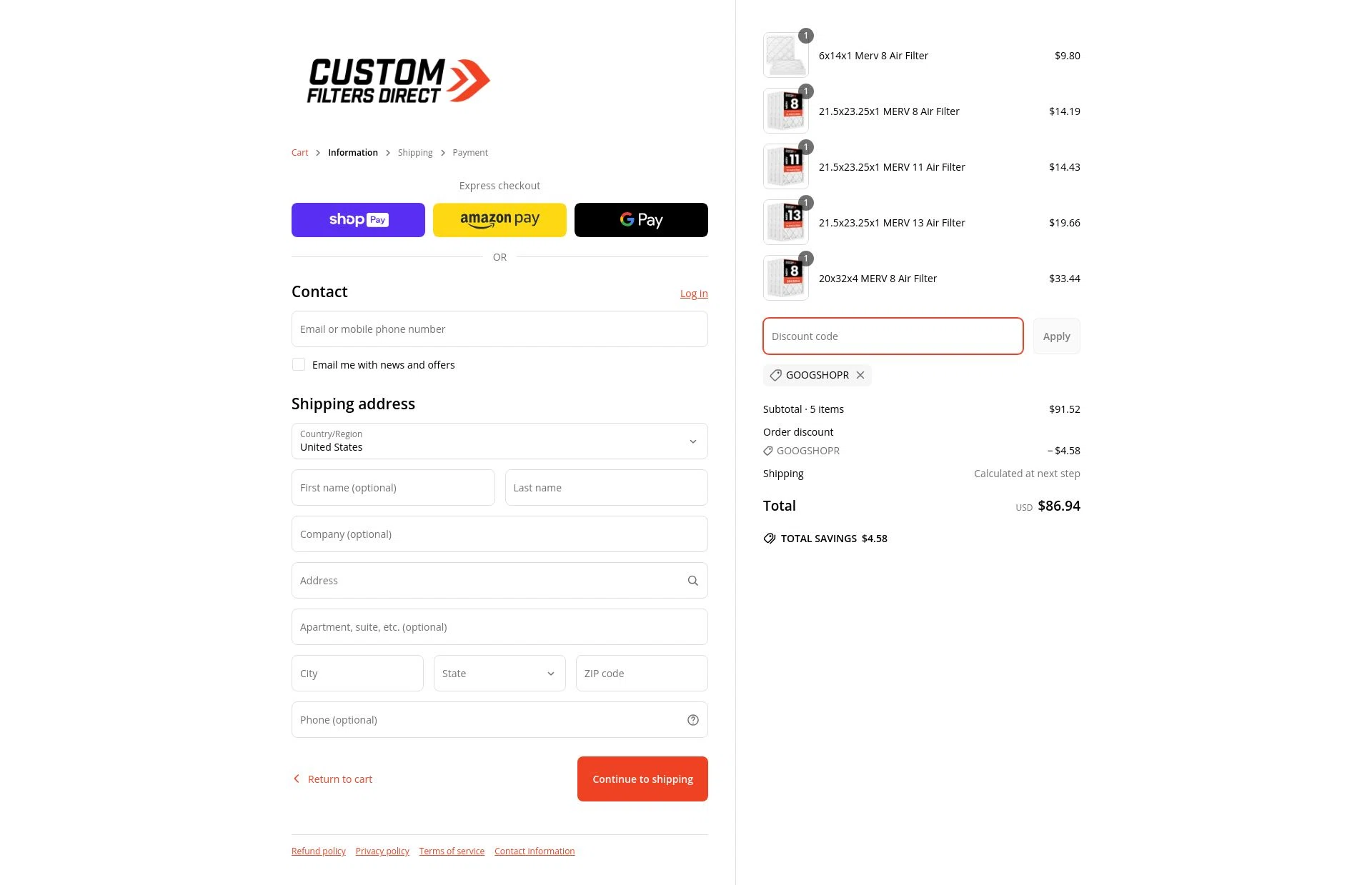 Custom Filters Direct checkout page showing Custom Filters Direct promo code box | Screenshot taken by SimplyCodes community member on Apr 20, 2025