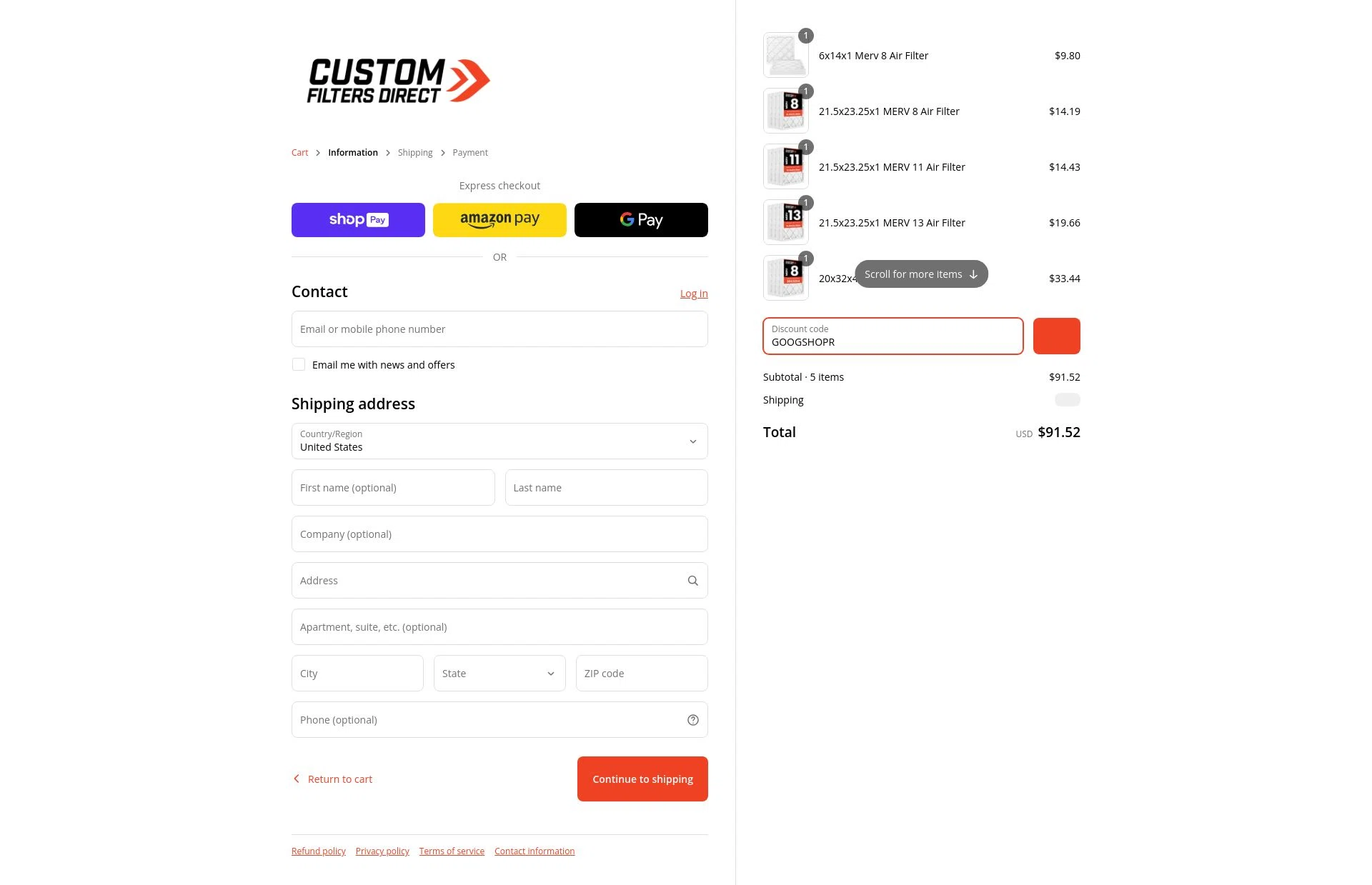 Custom Filters Direct checkout page showing Custom Filters Direct promo code box | Screenshot taken by SimplyCodes community member on Apr 27, 2025