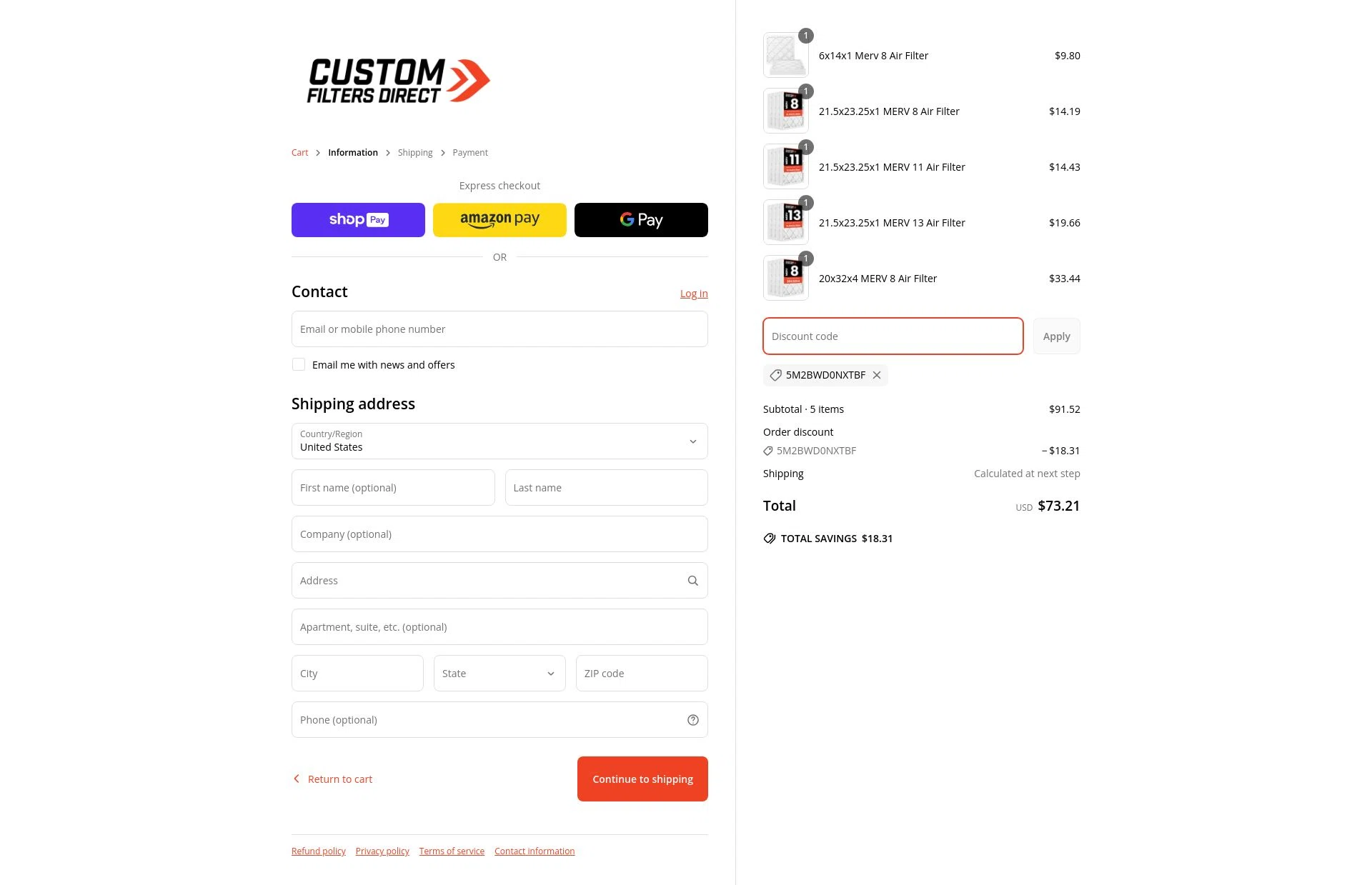 Custom Filters Direct checkout page showing Custom Filters Direct promo code box | Screenshot taken by SimplyCodes community member on Apr 8, 2025