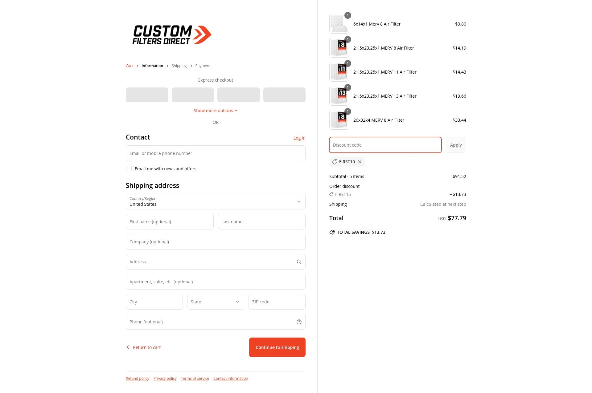 Custom Filters Direct checkout page showing Custom Filters Direct promo code box | Screenshot taken by SimplyCodes community member on Apr 8, 2025