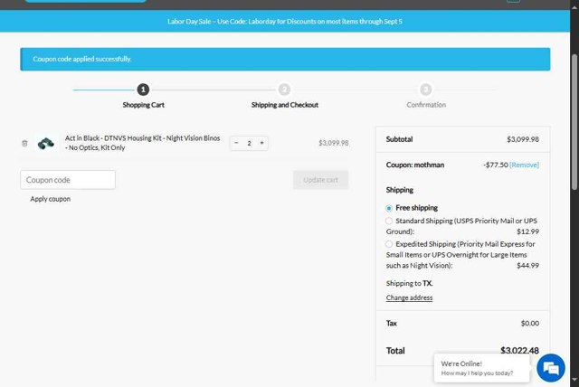 Custom Night Vision checkout page showing Custom Night Vision coupon code box | Screenshot taken by SimplyCodes community member on Sep 3, 2025