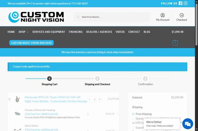 Custom Night Vision checkout page showing Custom Night Vision coupon code box | Screenshot taken by SimplyCodes community member on Jul 23, 2025