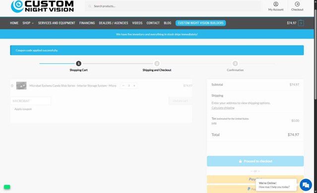 Custom Night Vision checkout page showing Custom Night Vision coupon code box | Screenshot taken by SimplyCodes community member on Aug 16, 2025