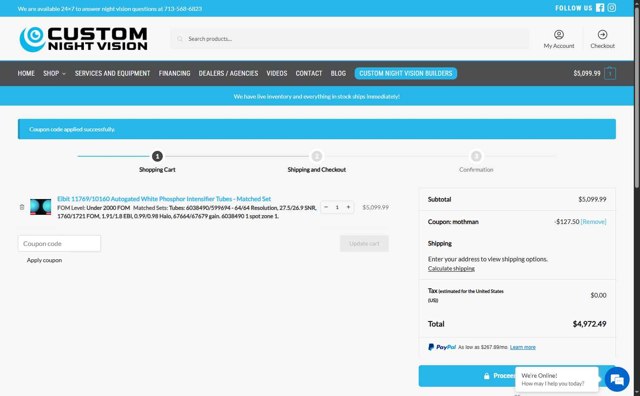 Custom Night Vision checkout page showing Custom Night Vision coupon code box | Screenshot taken by SimplyCodes community member on Aug 5, 2025