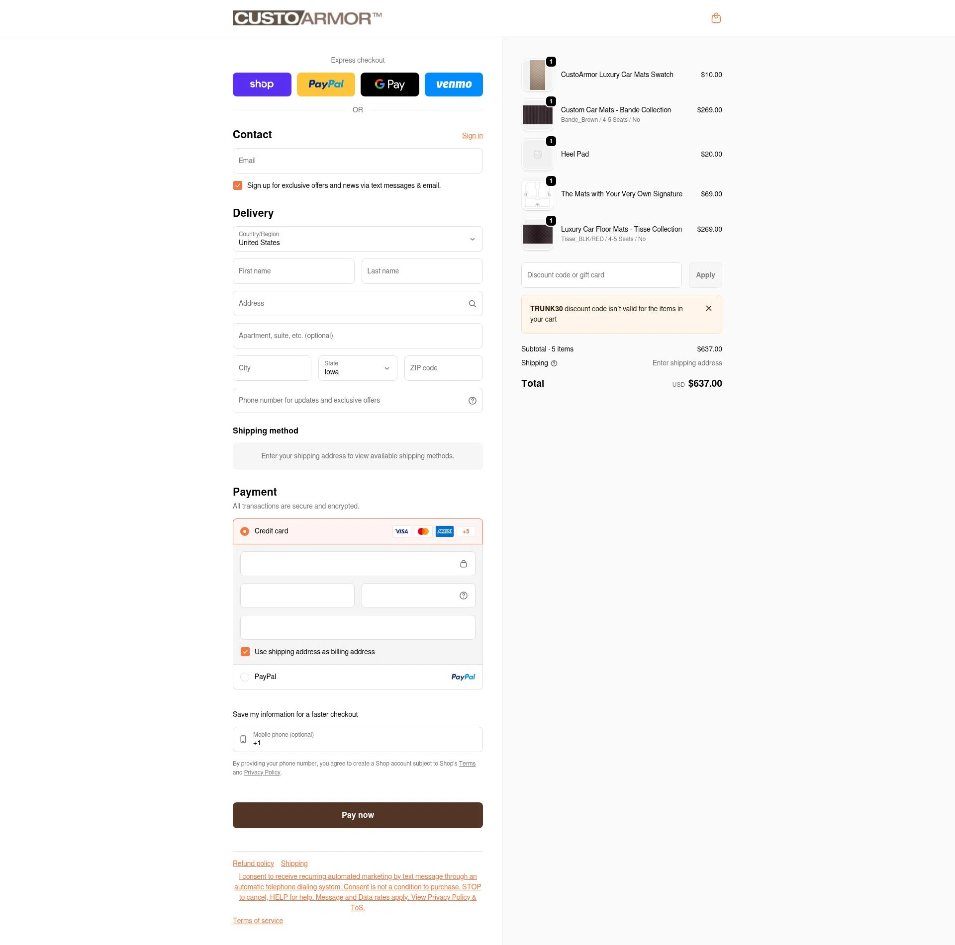 CustoArmor checkout page showing CustoArmor promo code box | Screenshot taken by SimplyCodes community member on Feb 17, 2026