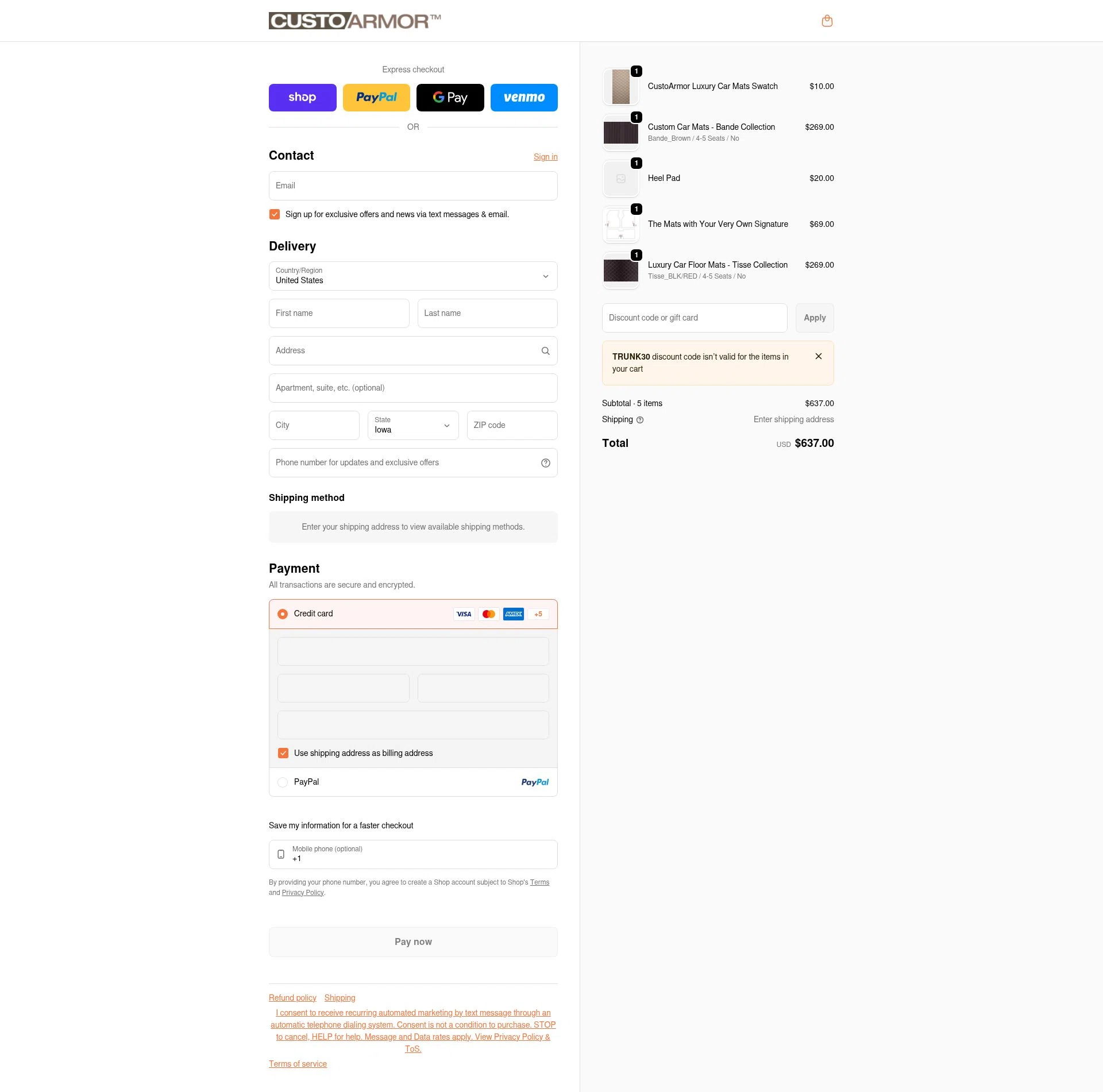CustoArmor checkout page showing CustoArmor promo code box | Screenshot taken by SimplyCodes community member on Feb 13, 2026