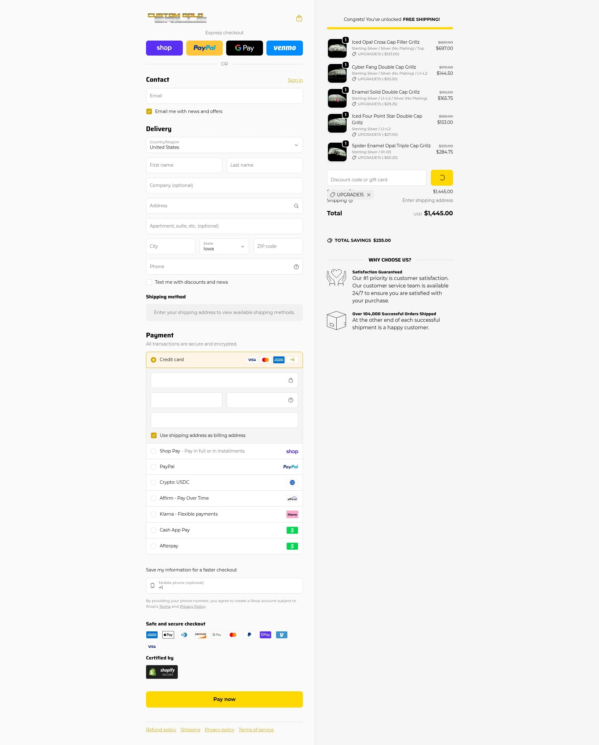 Custom Gold Grillz checkout page showing Custom Gold Grillz discount code box | Screenshot taken by SimplyCodes community member on Feb 14, 2026