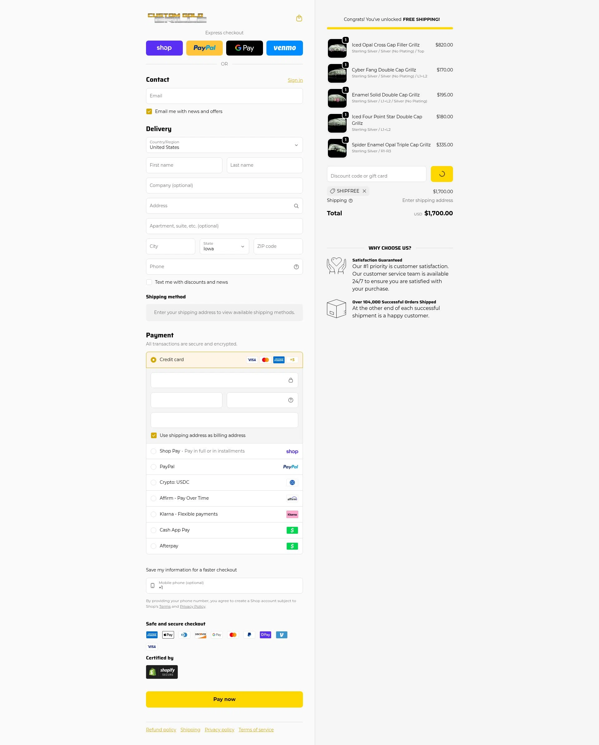 Custom Gold Grillz checkout page showing Custom Gold Grillz discount code box | Screenshot taken by SimplyCodes community member on Feb 14, 2026