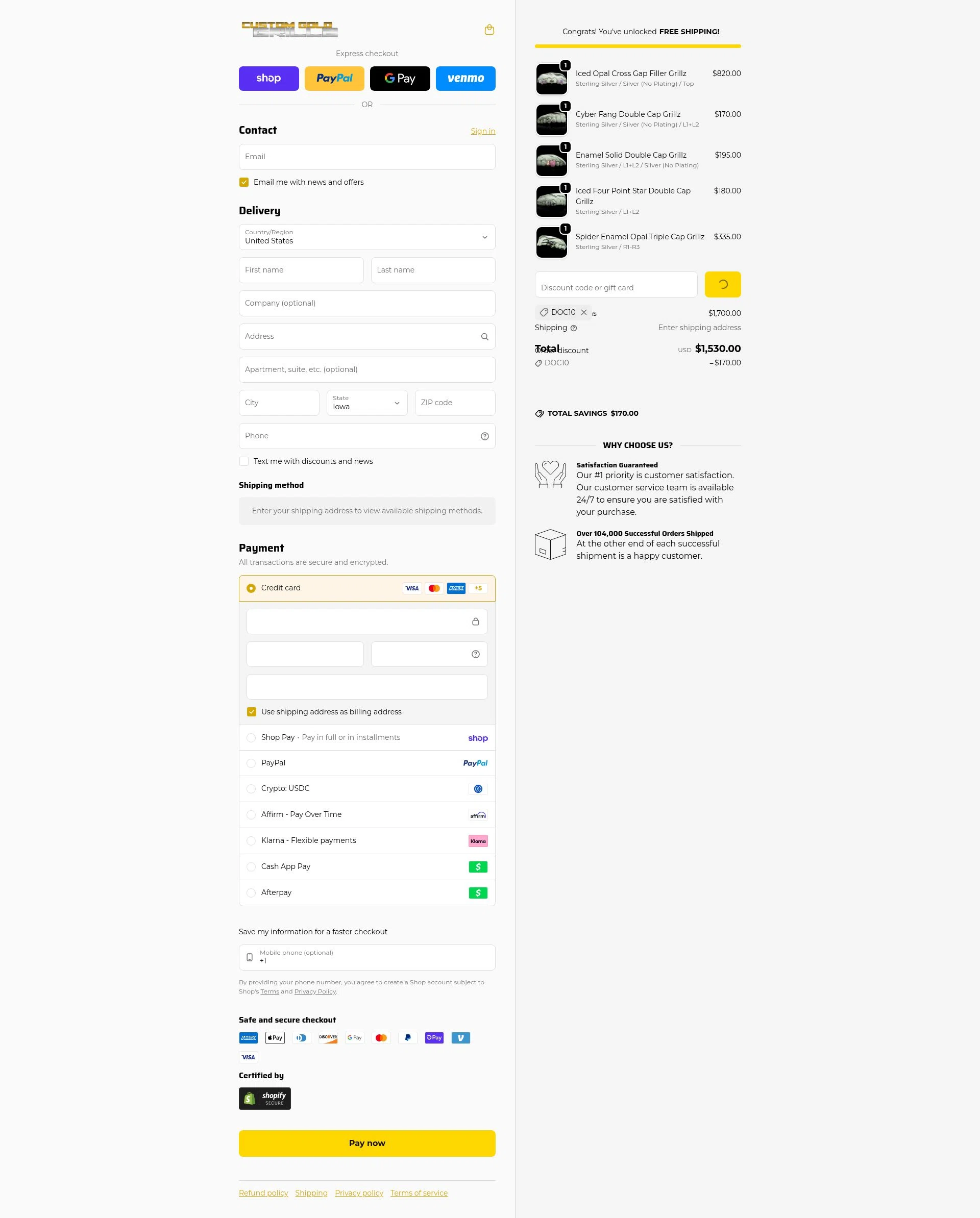 Custom Gold Grillz checkout page showing Custom Gold Grillz discount code box | Screenshot taken by SimplyCodes community member on Feb 14, 2026