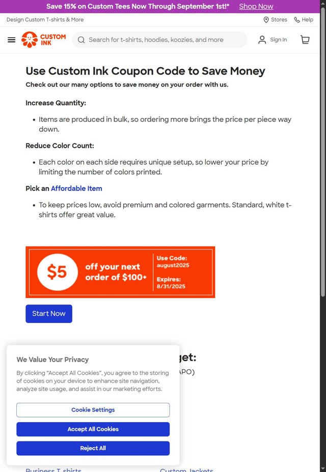 Custom Ink checkout page showing Custom Ink promo code box | Screenshot taken by SimplyCodes community member on Aug 13, 2025