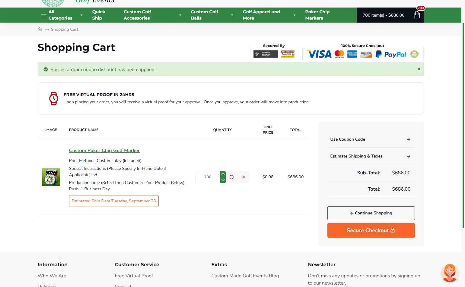 Custom Made Golf Events checkout page showing Custom Made Golf Events coupon code box | Screenshot taken by SimplyCodes community member on Sep 19, 2025