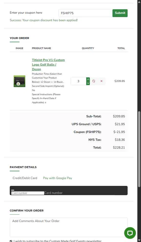 Custom Made Golf Events checkout page showing Custom Made Golf Events coupon code box | Screenshot taken by SimplyCodes community member on Sep 19, 2025