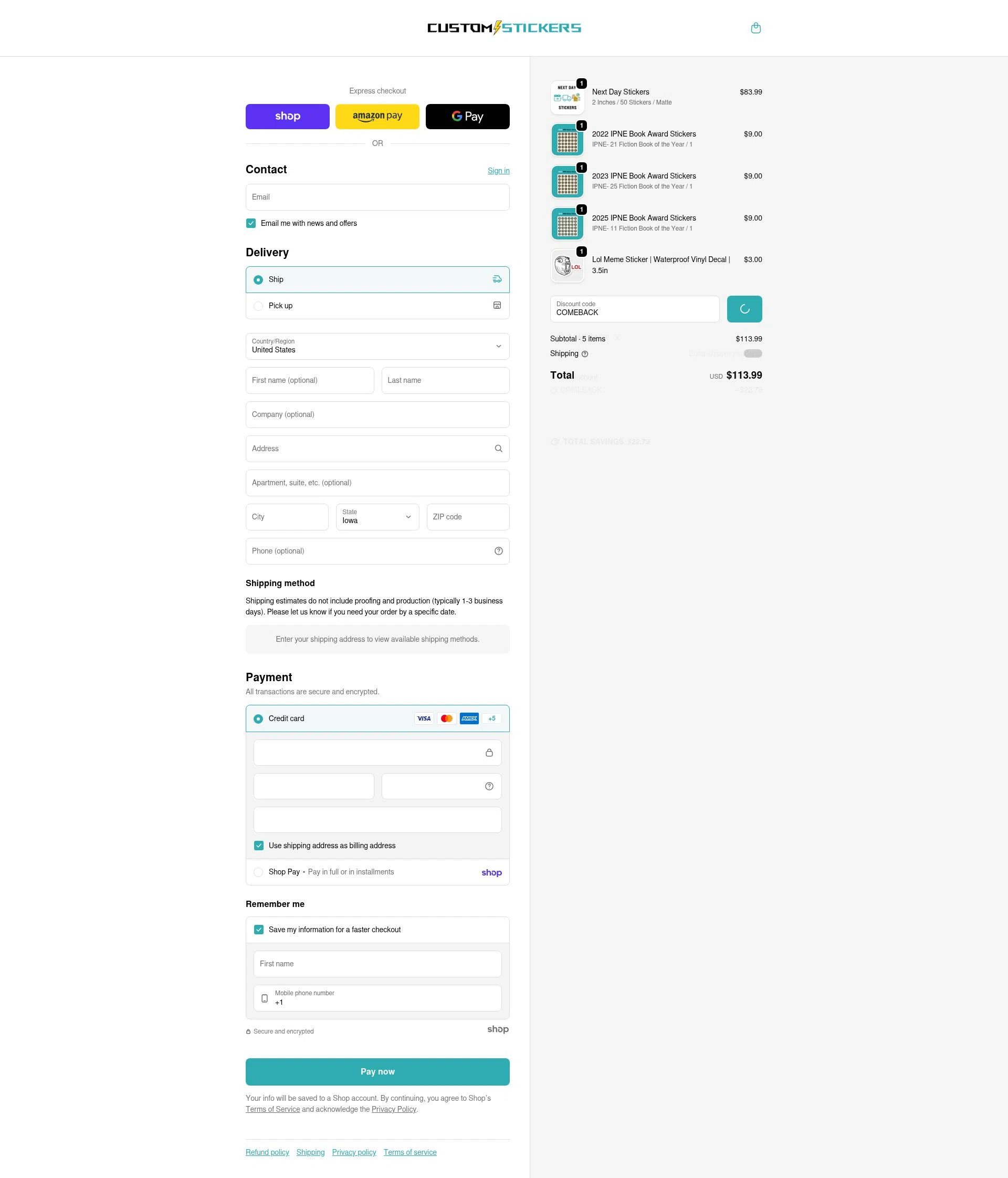 Customstickers.com checkout page showing Customstickers.com promo code box | Screenshot taken by SimplyCodes community member on Jan 27, 2026