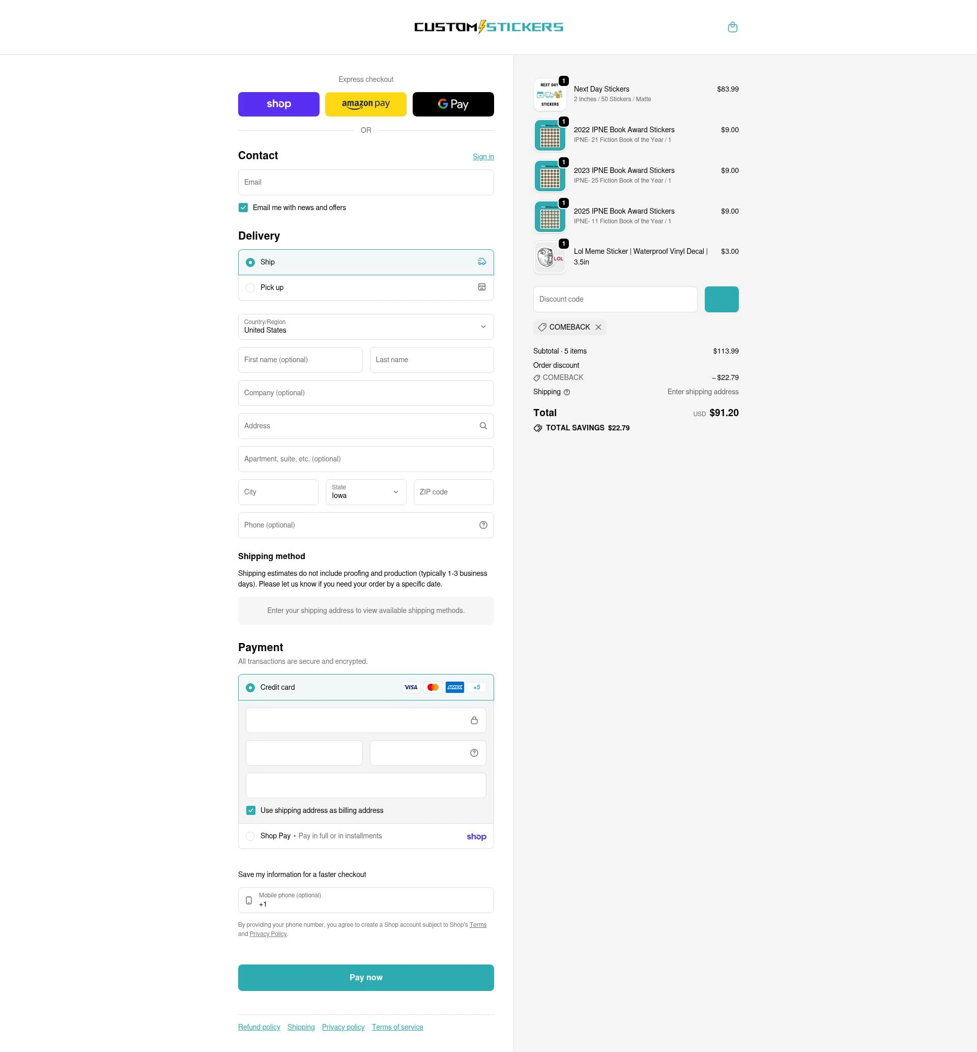 Customstickers.com checkout page showing Customstickers.com promo code box | Screenshot taken by SimplyCodes community member on Feb 1, 2026