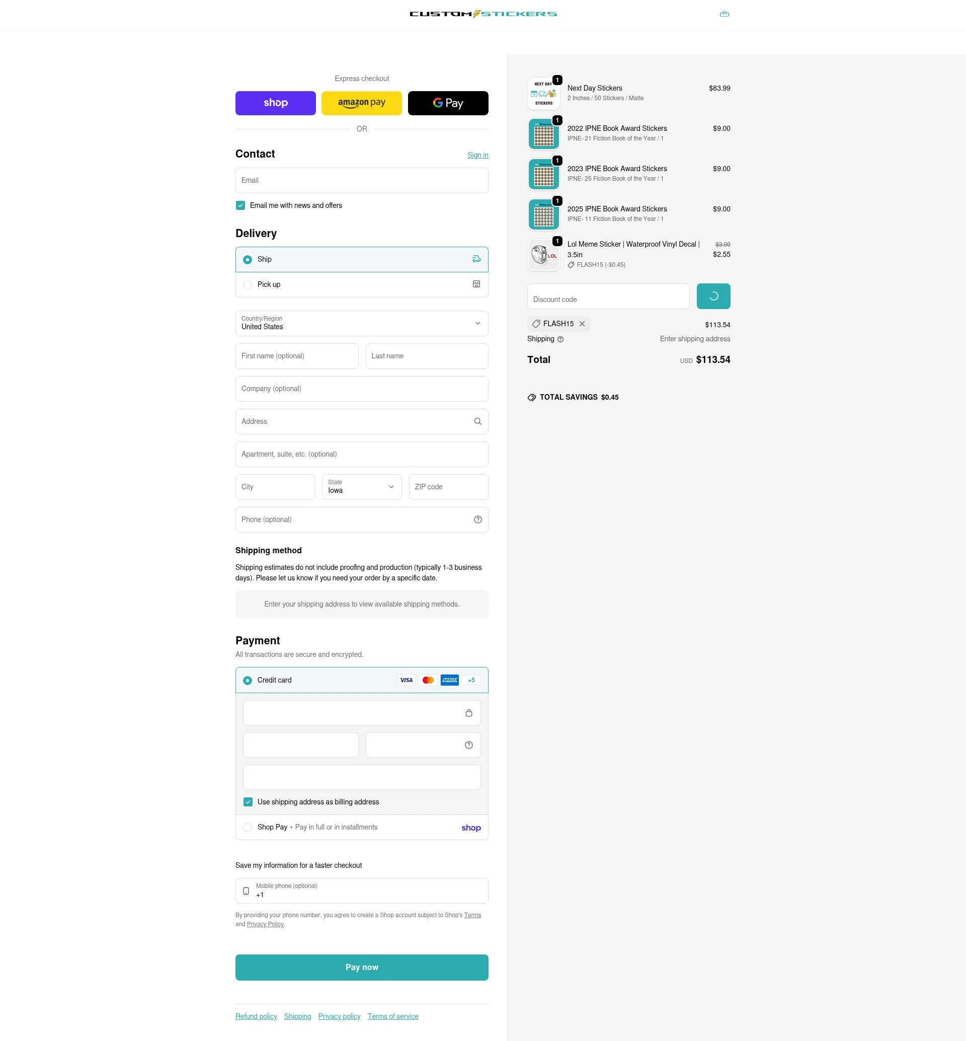 Customstickers.com checkout page showing Customstickers.com promo code box | Screenshot taken by SimplyCodes community member on Feb 1, 2026