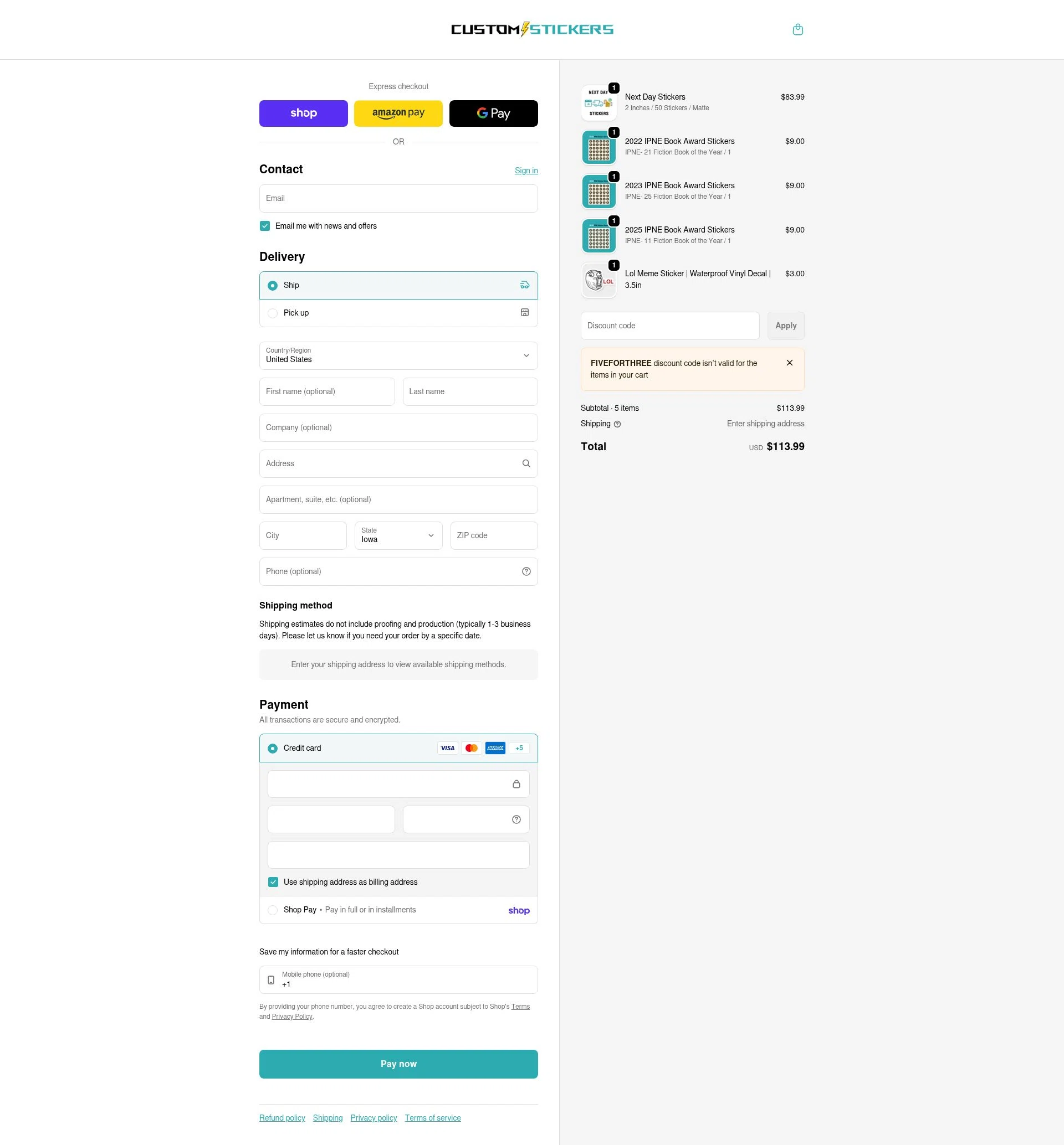 Customstickers.com checkout page showing Customstickers.com promo code box | Screenshot taken by SimplyCodes community member on Feb 1, 2026