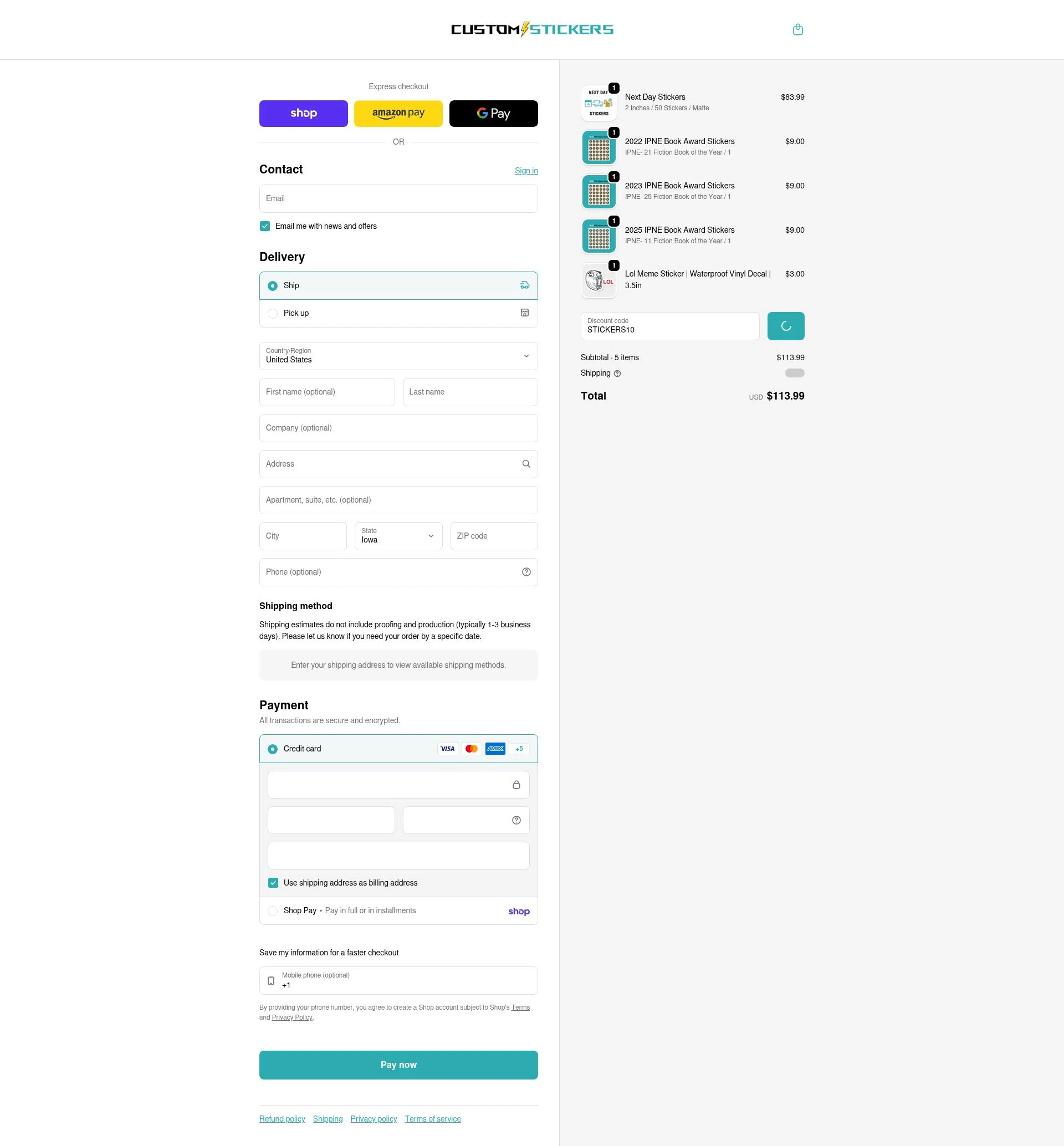 Customstickers.com checkout page showing Customstickers.com promo code box | Screenshot taken by SimplyCodes community member on Feb 1, 2026