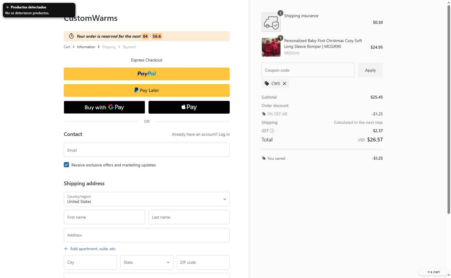 Customwarms checkout page showing Customwarms coupon code box | Screenshot taken by SimplyCodes community member on Oct 28, 2025