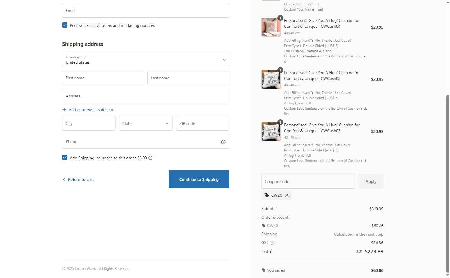 Customwarms checkout page showing Customwarms coupon code box | Screenshot taken by SimplyCodes community member on Sep 5, 2025
