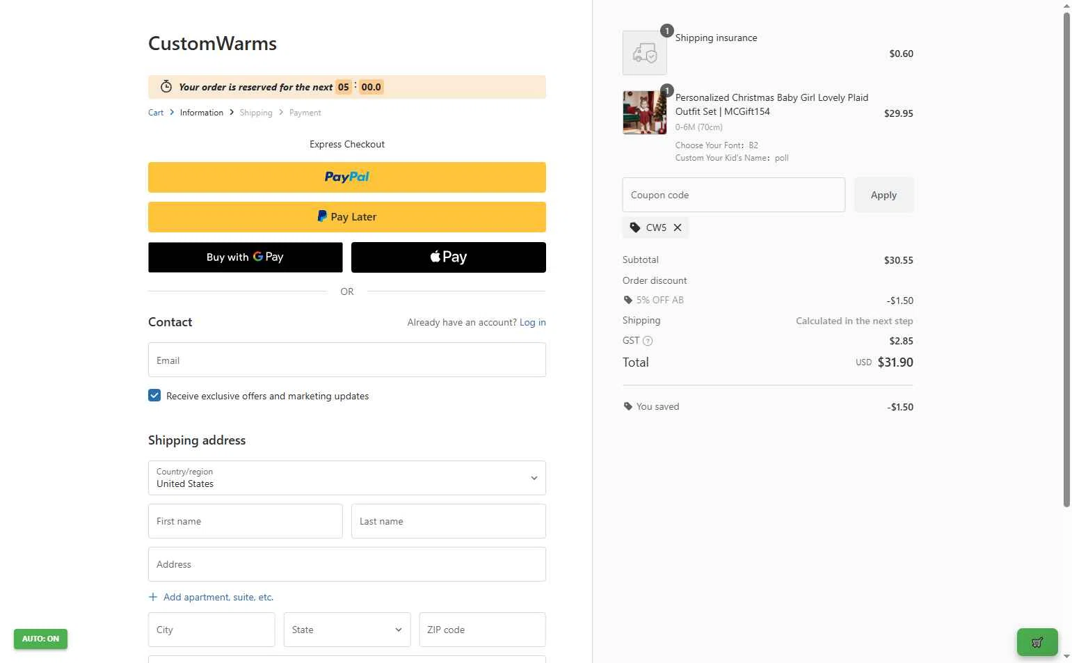 Customwarms checkout page showing Customwarms coupon code box | Screenshot taken by SimplyCodes community member on Dec 25, 2025