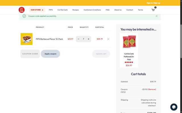 Cut Da Carb checkout page showing Cut Da Carb coupon code box | Screenshot taken by SimplyCodes community member on Sep 11, 2025