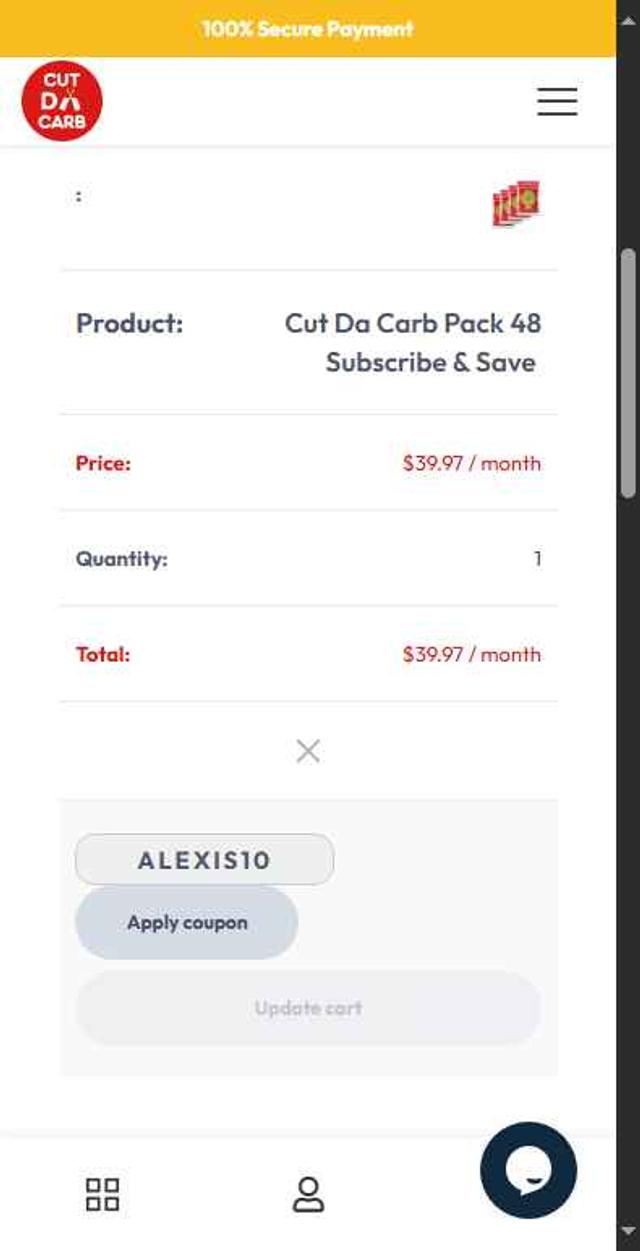 Cut Da Carb checkout page showing Cut Da Carb coupon code box | Screenshot taken by SimplyCodes community member on Aug 7, 2025