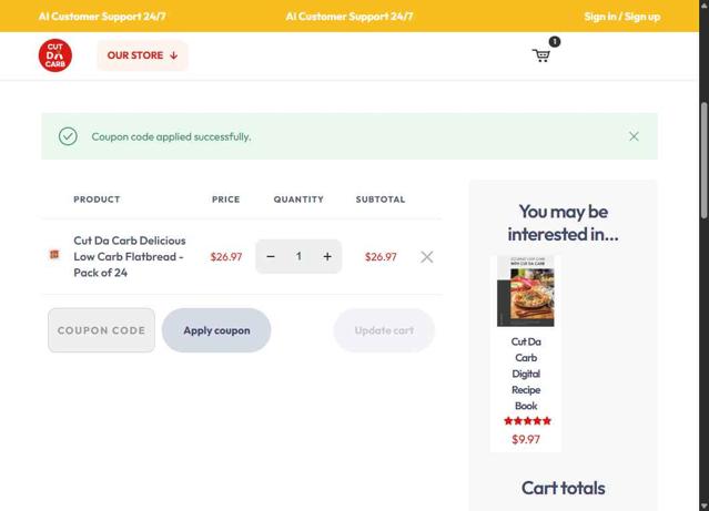 Cut Da Carb checkout page showing Cut Da Carb coupon code box | Screenshot taken by SimplyCodes community member on Sep 6, 2025